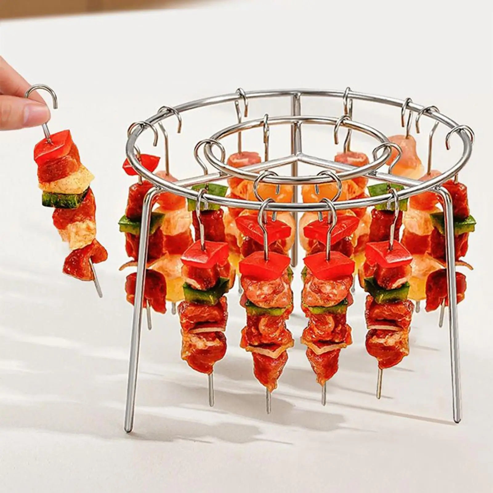 Portable Stainless Steel Air Fryer Grill Round with Grilled Skewers Hanging Skewers Rack Barbecue Grill for Home Kitchen Outdoor
