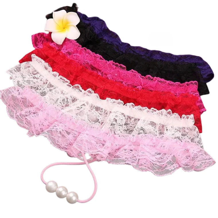 Sexy Women Low Waist Lace Pearl Massage Sheer T-back Thong Transparent Erotic Lingerie Panties for Bedroom Night Dating