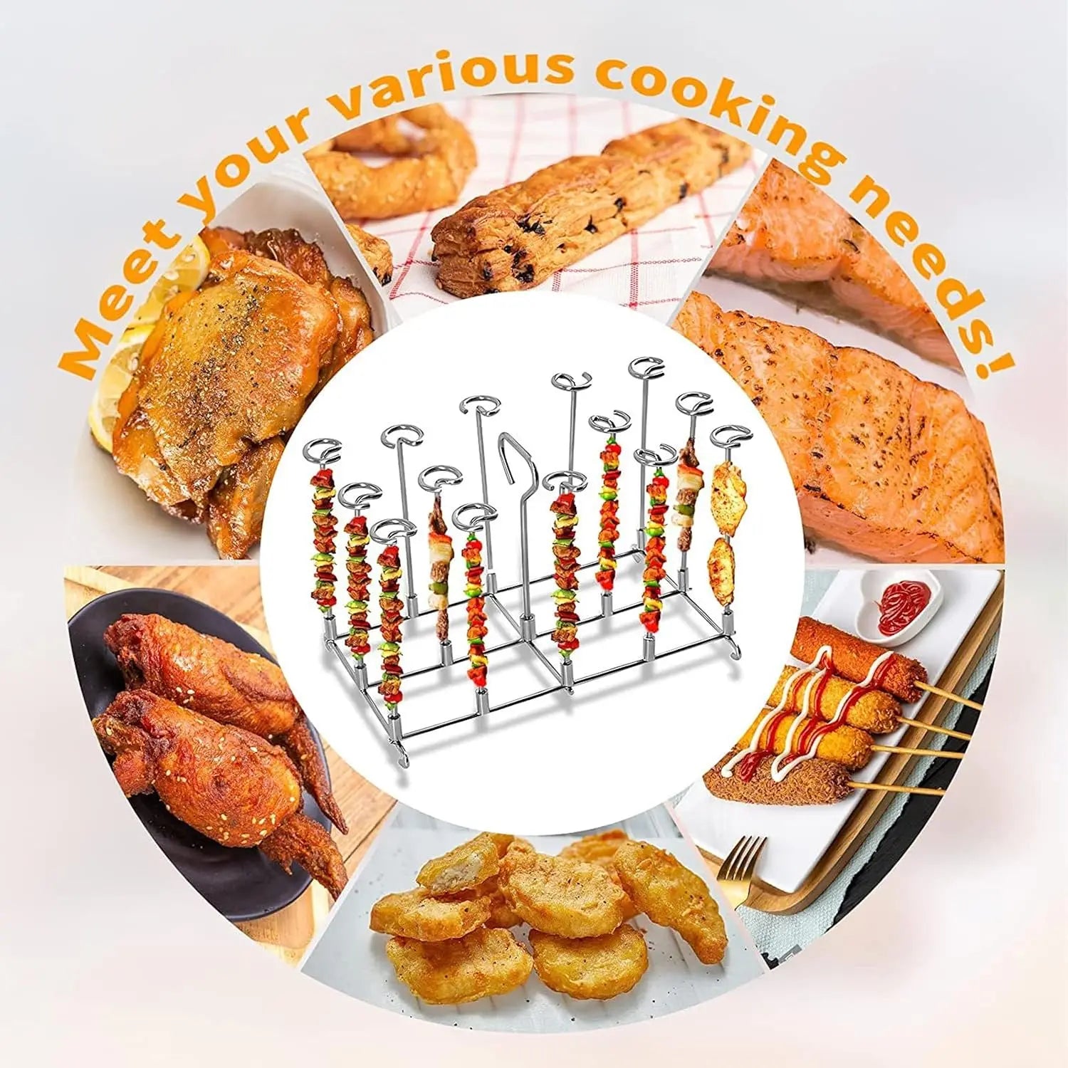 Stainless Steel Vertical 14 Skewer Rack For Air Fryer Oven Hanging Barbecue Stand Roast Meat String Holder Grilling Accessory