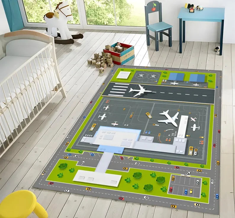 Airport Runway Carpet Mat Rug Aeroplane Theme Home Decoration Non-slip Educational Kids Activity Play Mat with Terminal Design