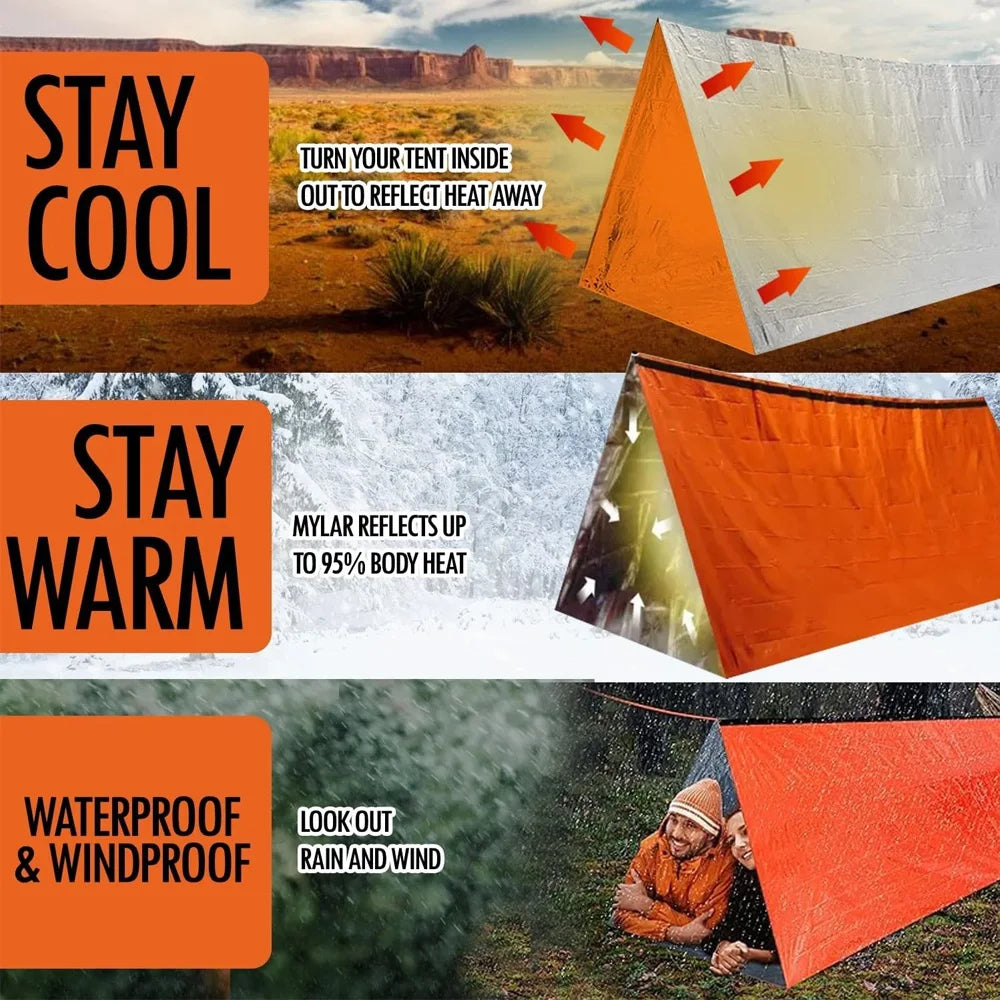 2-Person Emergency Survival Tent – Waterproof Mylar Space Blanket Shelter / Tente de survie d'urgence 2 personnes – Abri imperméable mylar