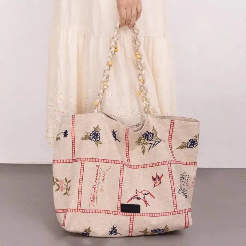2026 New Unique Floral Bird Embroidery Linen Tote Bag Large Capacity Women Vacation Shoulder Handbag