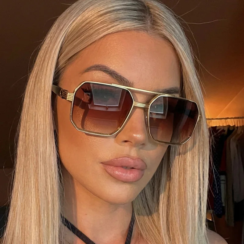 Hiking 2pcs Trendy Metal Polygonal Pilot Anti Light Glasses Luxury Double Beam Men Eyewear Outdoor Driving Shade Sunglasses