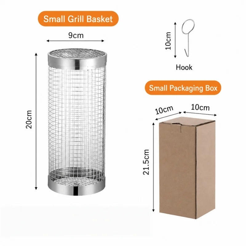Stainless Steel Rolling Barbecue Basket Cylindrical Barbecue Basket Wire Mesh Portable Outdoor Barbecue Grill