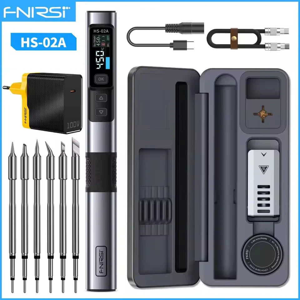 FNIRSI HS-02A 100W Portable Corded Soldering Iron Kit,3S Fast Heating,212-842℉,Pre-set 3 Groups Temperature,6 F245 Solder Tips