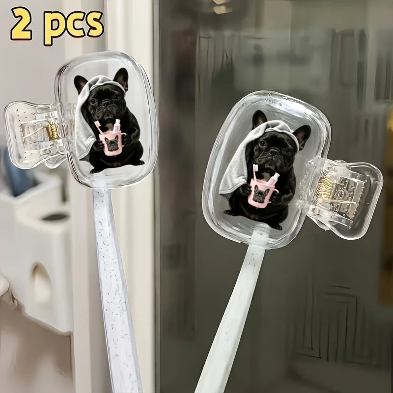 2pcs Cute French Bulldog Portable Toothbrush Head Cover Outdoor Trips Storage Box Daily Use Bathroom Accessory for Home Travel