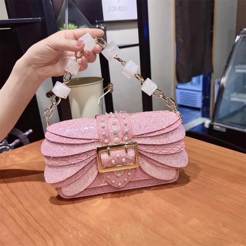 Design Women Single Shoulder Bag Tote Handbag Fashion Diamonds Chain Crossbody Bag Elegant Office Ladies Pu Leather Flat Bags
