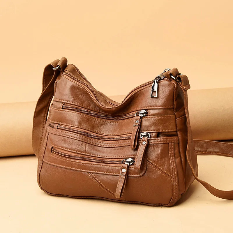 Washed Soft Leather Crossbody Bag for Women Double Layer Large Capacity Shoulder Box Bag Elegant Everyday Purse