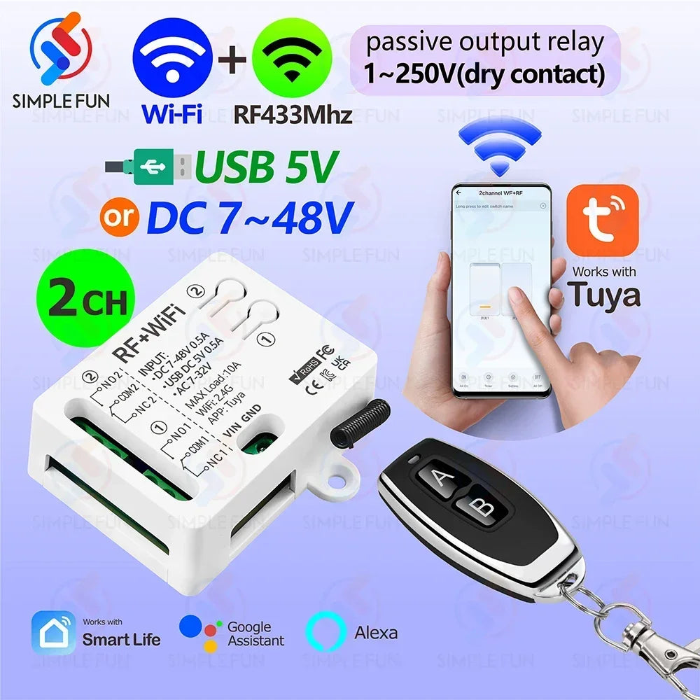 WiFi RF Remote Control Smart Light Switch 2 CH Tuya,USB 5V DC 12V 24V 48V,1-250V Dry Contact Relay,work with Alexa Google Home