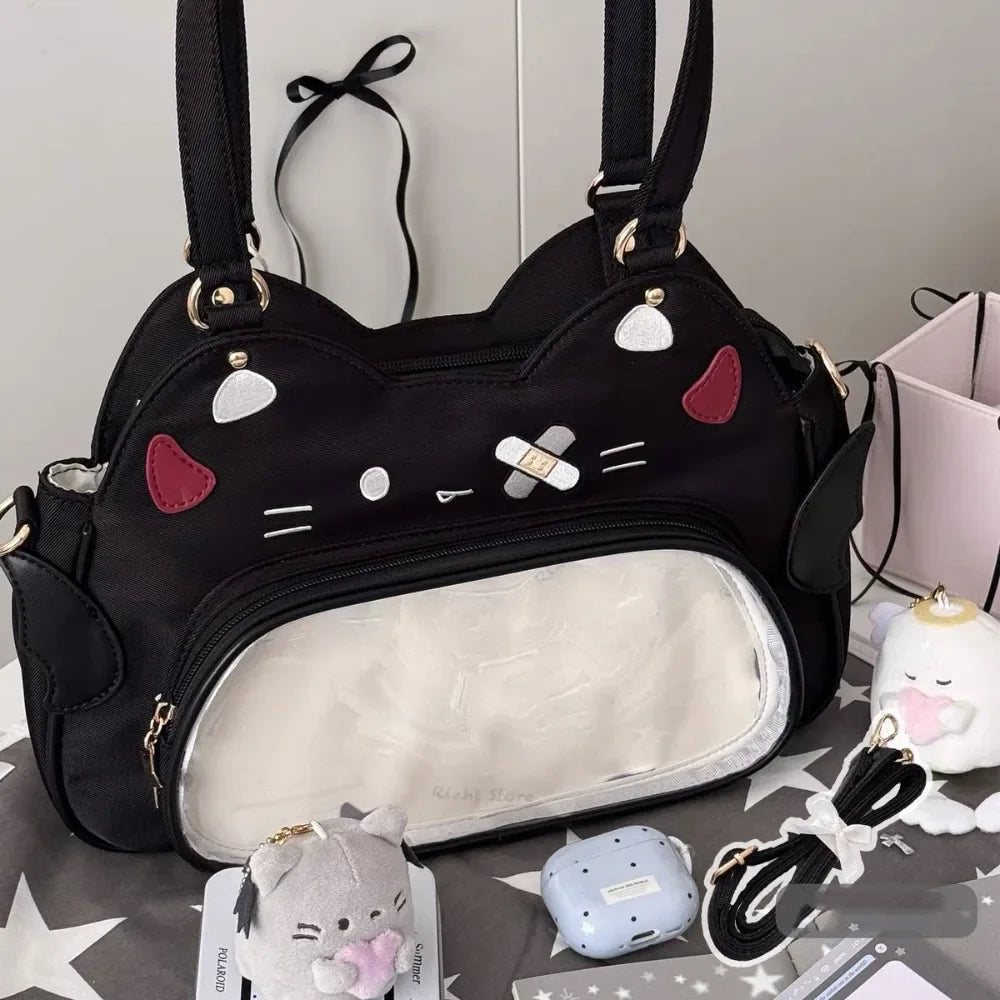 Zipper Bag Kawaii Cat Itabag Cotton  Bag PU Transparent Pocket Badge Storage Bag Small Item Bag Fashion Backpacks Outdoor