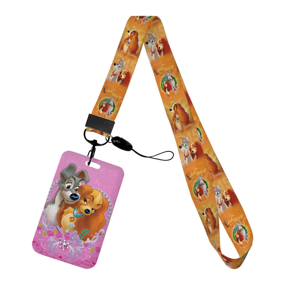 Disney Cartoon Lady and the Tramp Card Holder Anti-lost Neck Strap Lanyard ID Card Pendant USB Badge Clip DIY Keychain Accessory