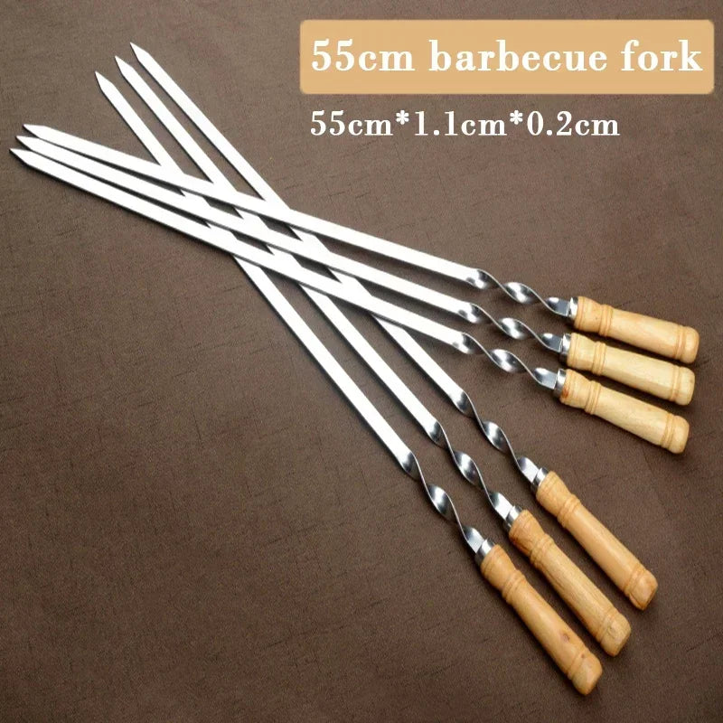 55cm Stainless Steel BBQ Skewers 6pcs/set Long Handle Shish Kebab Barbecue Sticks Wood BBQ Fork Outdoor Grill Needle Bags