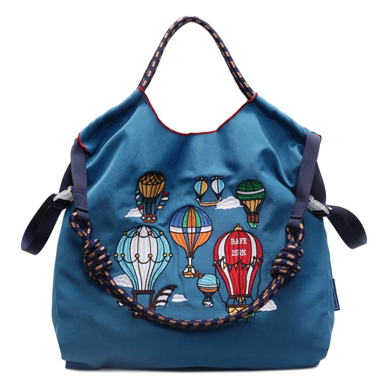 Fashion Embroidered Hot Air Balloon Pattern Large Capacity Lady Canvas Bag New Drawstring Shopping Handbag Thin Style Canvas Bag