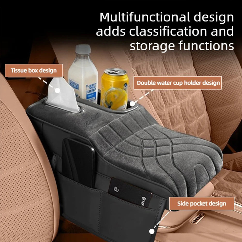 High-Low Style Suede fabric Car Armrest Box Cushion - an Armrest Cover with 2 Side Pockets, 2 Cup Holder,and 1 Tissue Box.
