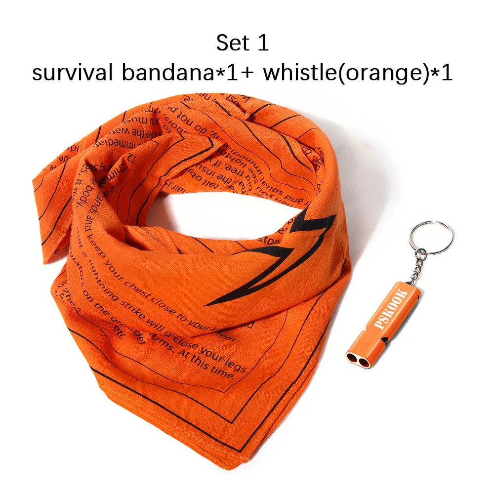 Survival Bandana with Survival Whistle, Easy to Read Tips and High Vis Orange Emergency Kit for Camping, Hiking, Emergency