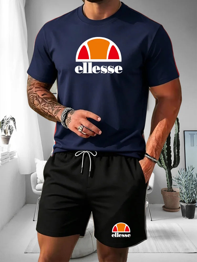2026 Summer New Men's Fashion Outdoor Sports Set Printed Short Sleeve T-shirt+Shorts Loose Home Leisure Two Piece Set