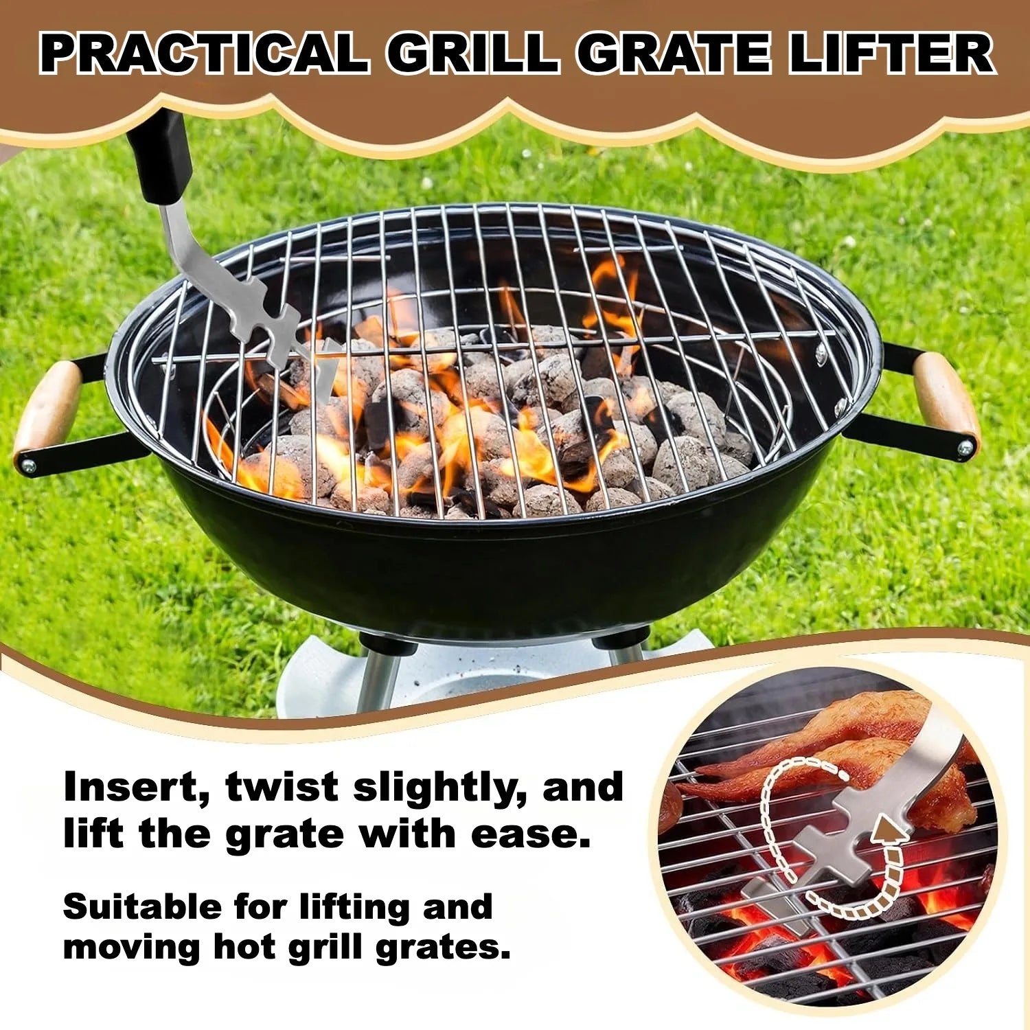 Heat-resistant grill grate lifters for Enders cast-iron grates (set of 2); anti-scald design with non-slip handle