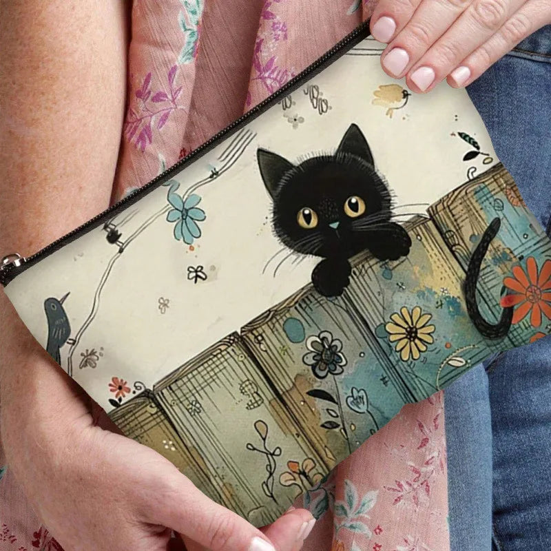 HOMEFISH Black Cat Floral Zipper Pouch - Durable, Fade-Resistant Cosmetic Bag, Gift for Sisters, Friends, Cat Lovers | Vibrant