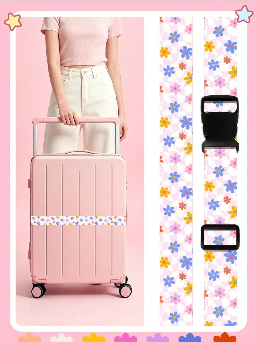 Adjustable Luggage Strap for Suitcase, Cute Print Travel Luggage Belt with Buckle, Soft Fabric Anti-loose Suitcase Binding Strap