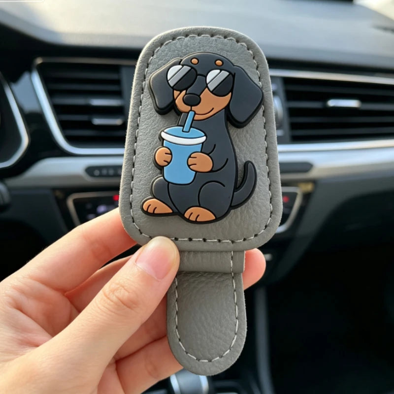 Car Sun Visor Sunglasses Clip Cute Dachshund Dog Cup Leather Glasses Holder Auto Eyeglasses Storage Car Accessories