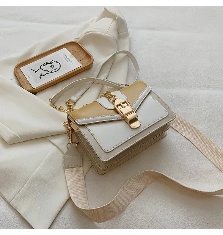 Fashion chain lady Sling bag Panelled color PU Leather Crossbody Bag For Women 2023 new Wide strap Shoulder Messenger Bag Ladies