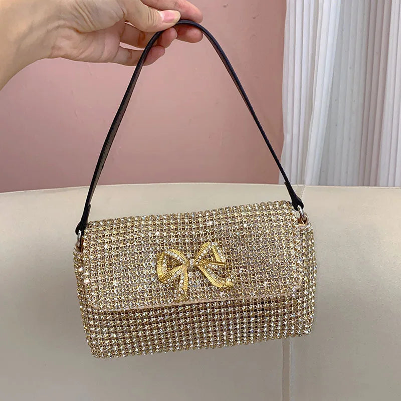 Full Rhinestone Bow Large Capacity Portable Personalized Banquet Diamond Flip Small Square Bag Underarm Crossbody