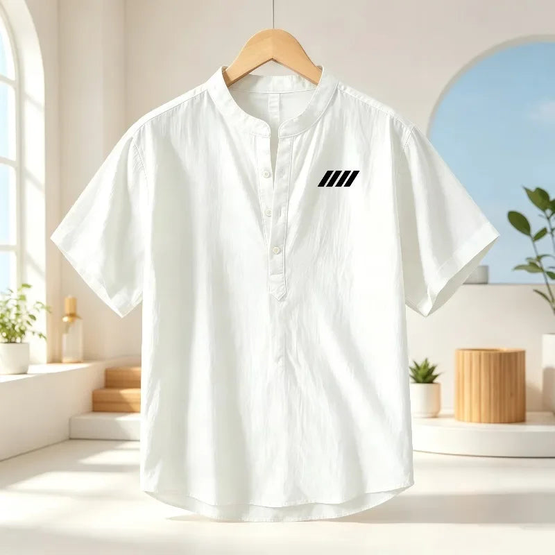 Men's cotton and linen Henry collar short sleeved shirt, geometric print breathable casual top, loose stand collar lightweight