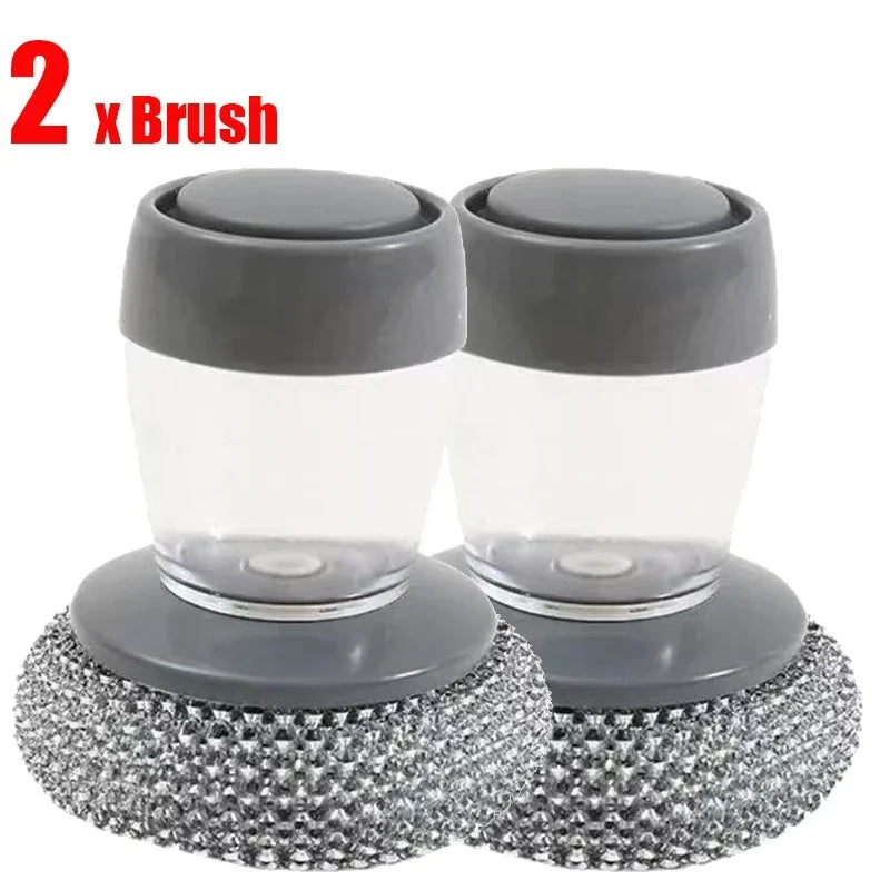 1~5PCs Automatic Liquid Adding Pot Washing Brush Stainless Steel Press Brush Kitchen Tool Household Cleaning Brush