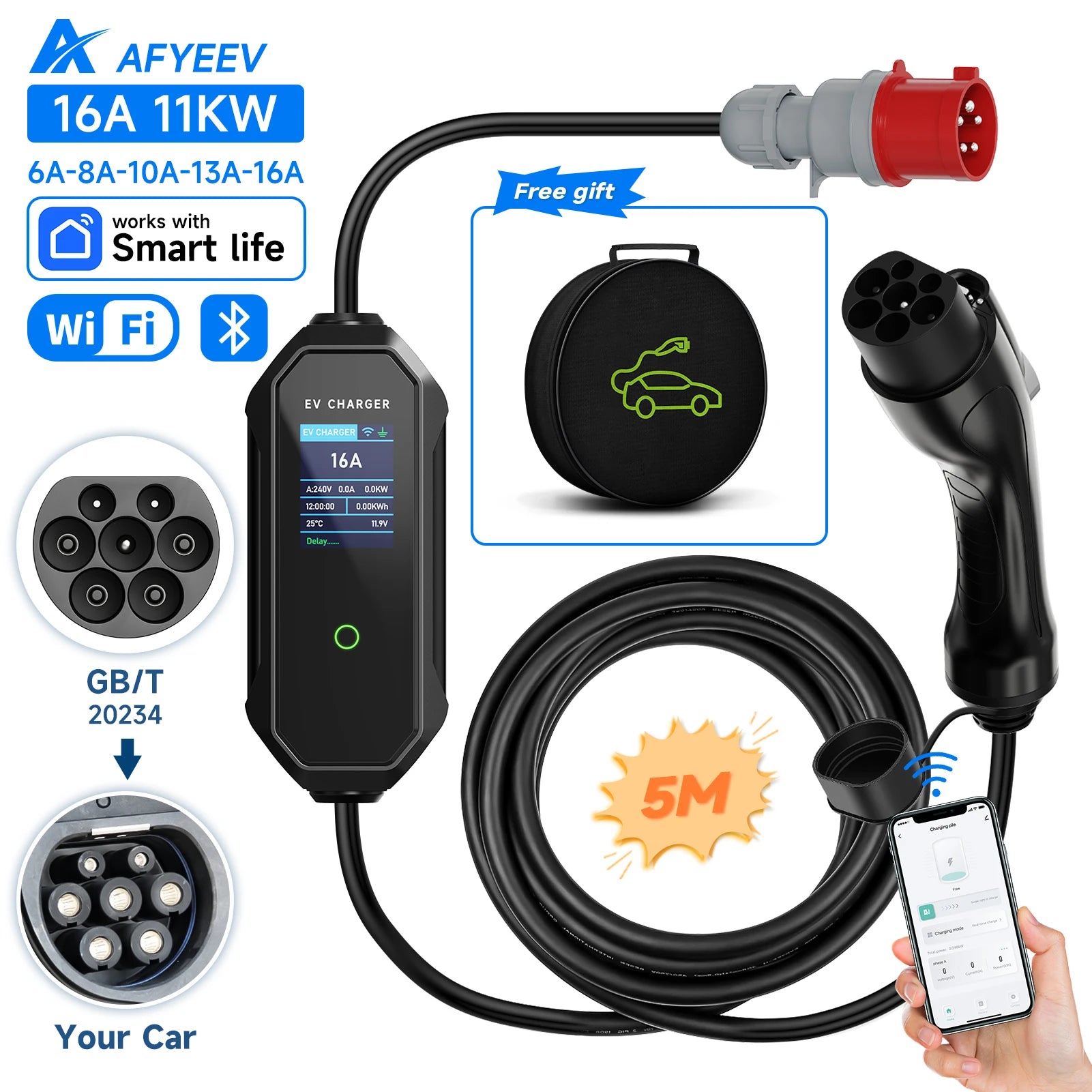 AFYEEV Type2 Portable EV Charger 11KW 16A 3 Phase GBT Electric Car Charger Wi-Fi APP Bluetooth Version Remote Control CEE Plug