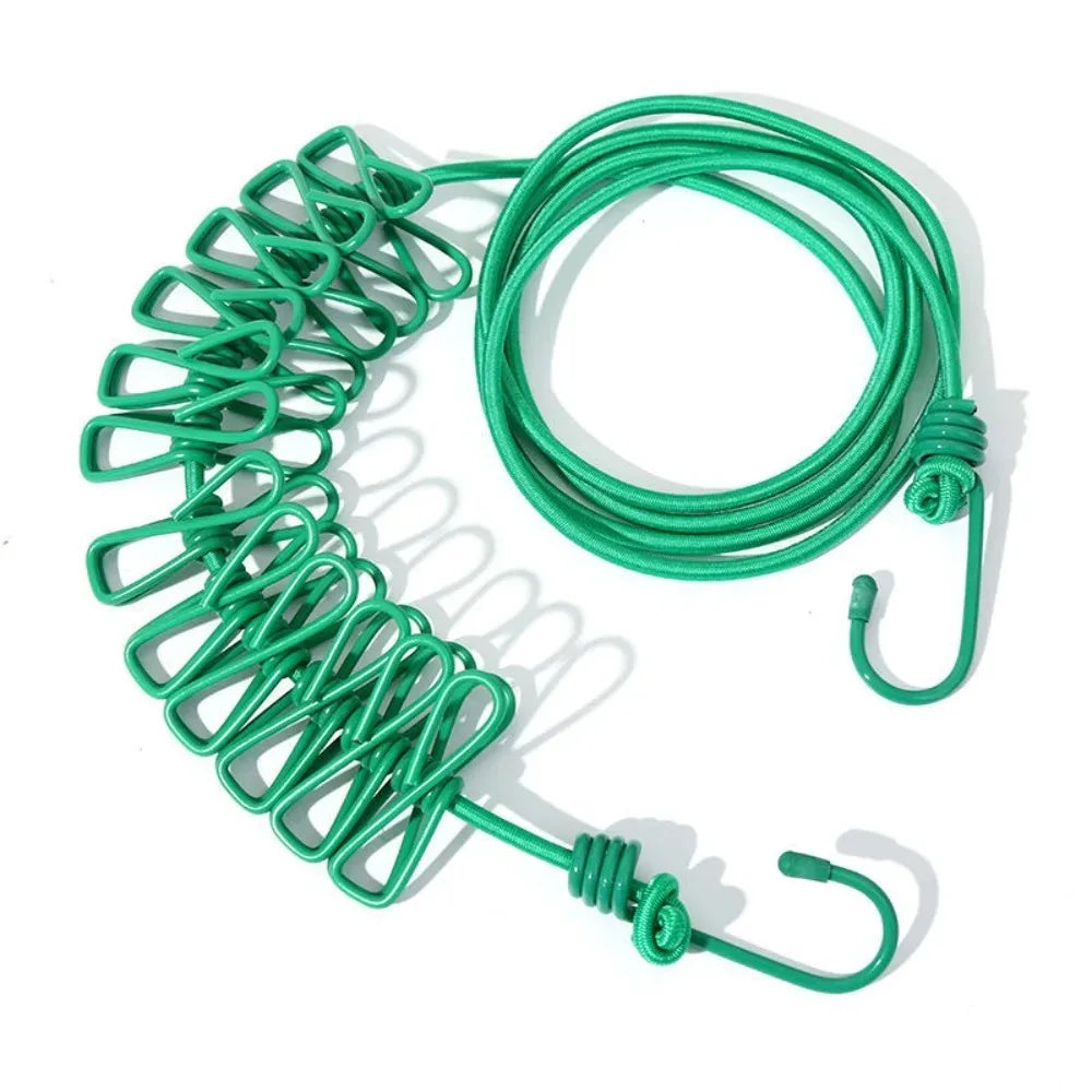 12 Non Slip Clips Windproof Elastic Travel Clothesline with Hook for Outdoor Camping Beach Dormitory RV Portable Drying Tools