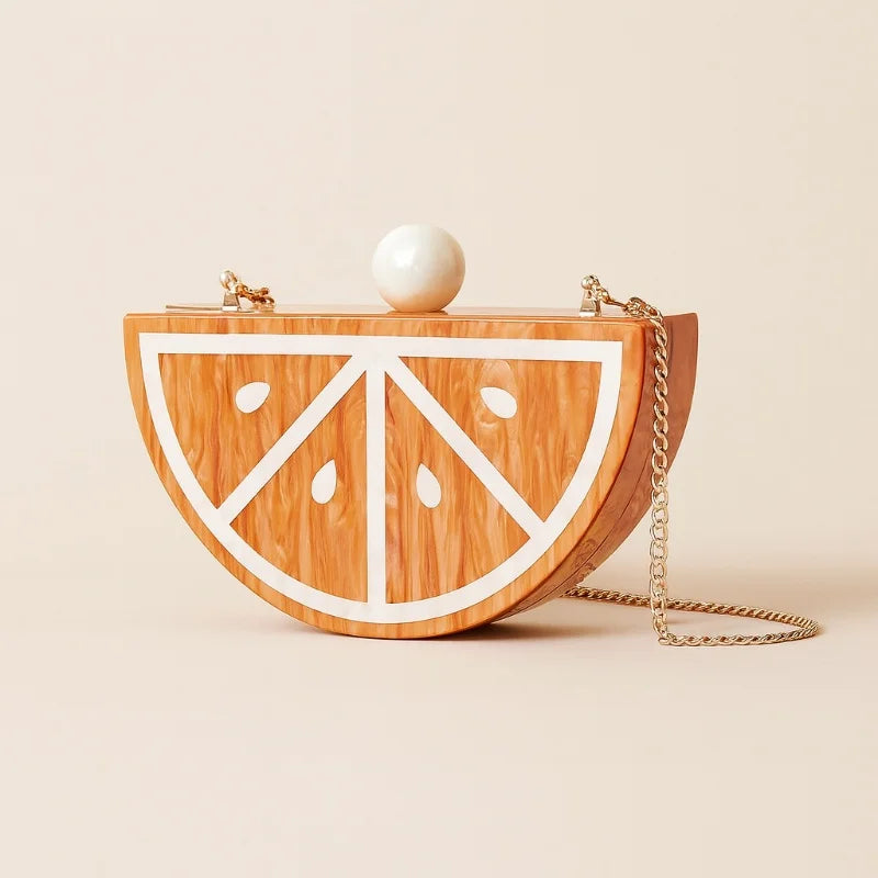 Women Acrylic Fruit Pattern Evening Clutch Bag Stylish Fan-shaped Chain Shoulder Crossbody Bag Watermelon Red Party Clutch Purse
