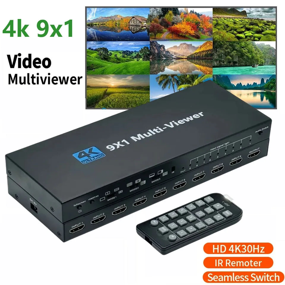 4K 4x1 9x1 HDMI Quad Multiviewer 4 9 Screen 9x1 Seamless Switch 9 In 1 out with Remote for Camera Monitor Switch Adapter