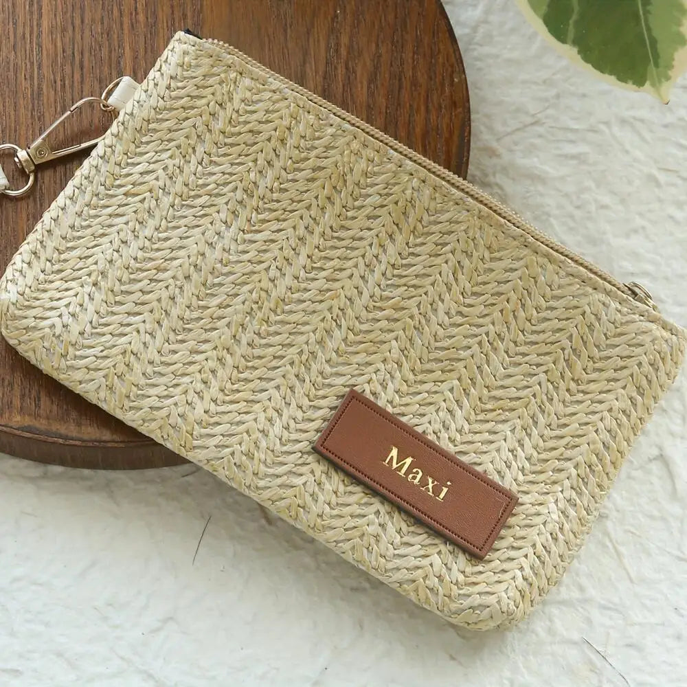 Custom Embossed Name Leather Label Straw Wristlet Clutch Bag Handmade Woven Raffia Cosmetic Makeup Pouch Beach Travel Storage