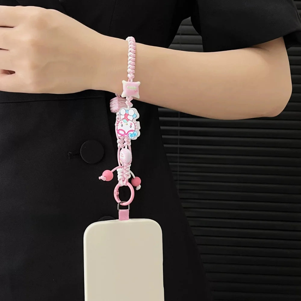 INS Sanrio Hello Kitty Sweet Pink Hand Woven Phone Case Wrist Strap Bead Keychain Bag Decor Pendant for Girl Woman Phone Lanyard