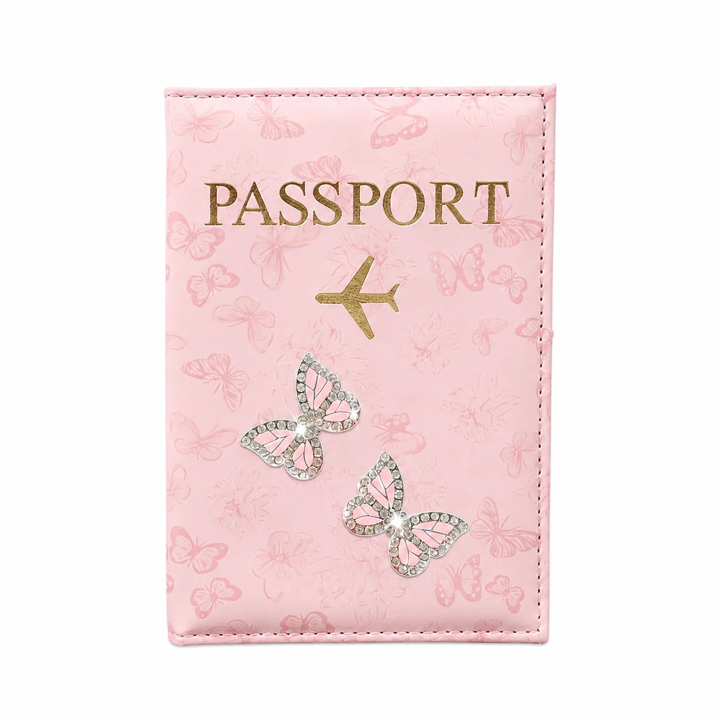 Pink Butterfly PU Leather Passport Holder, Rhinestone Travel Wallet Cover with Card Slots for Women, Airport Vacation Gift