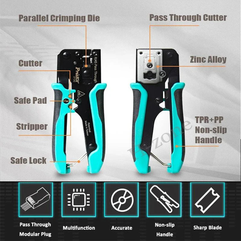 Pro'skit CP-342 End Pass Through Mini Crimper Pliers 8P8C RJ45 Perforated Crystal Head Crimp Tool 4in1 Ethernet LAN Stripper