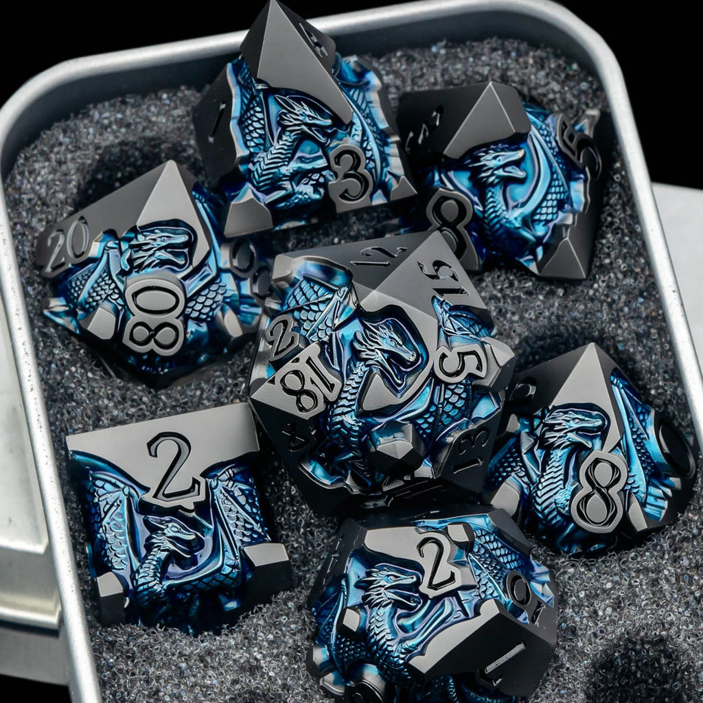 Dragon DND Dice Set for Role Playing Game, Blue Metal D&D Dice Set Dungeons and Dragons, 7Pcs RPG Polyhedral D and D Dice Set