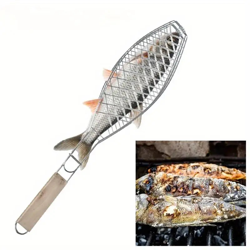 1Pc Barbecue Fish Grill Basket Stainless Steel Wired with Handle Outdoor Kitchen BBQ Tool for Camping