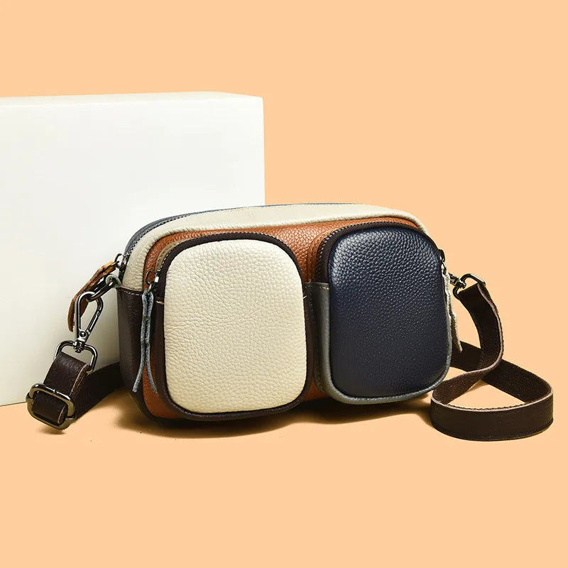 Women's color-blocking, large-capacity single-shoulder bag with top layer cowhide and multi-functional crossbody bag