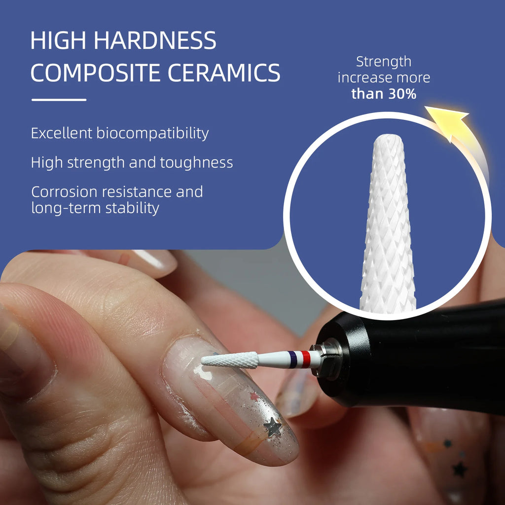 HYTOOS 1.5/2mm Cone White Composite Ceramic Nail Drill Bits High Hardness Pro E-file Bit for Cuticle Clean Gel Removal Tools