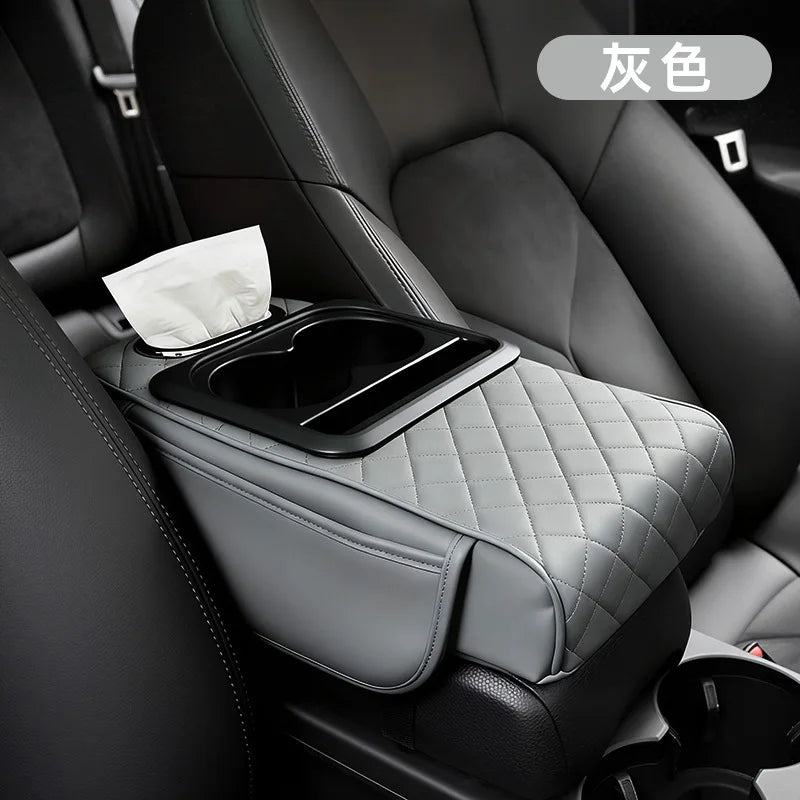 5 in 1 Middle Console Storage Box with Cup Holder Car Armrest Cushion Pad with Tissue Box Luxury Waterproof Interior Accessory
