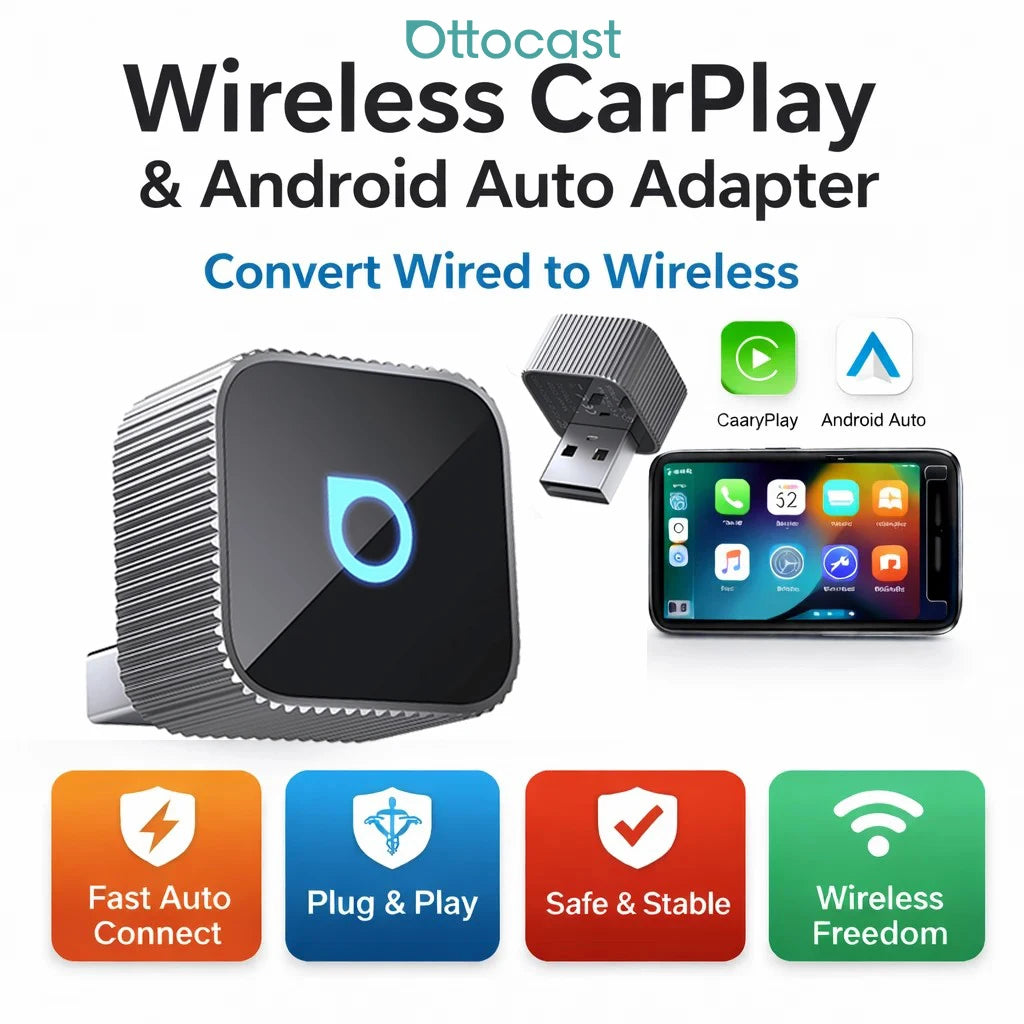 Ottocast 3.0 Mini Slim Wireless CarPlay Adapter Android Auto Dongle Plug Play Bluetooth 5.0 Wifi Auto Connect for 98% of Cars