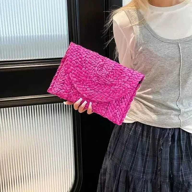 Women Fashion Flap Envelope Bags Summer Beach Bag Handmade Wallet Straw Knitted Handbag Lady Coin Phone Long Purse Clutches