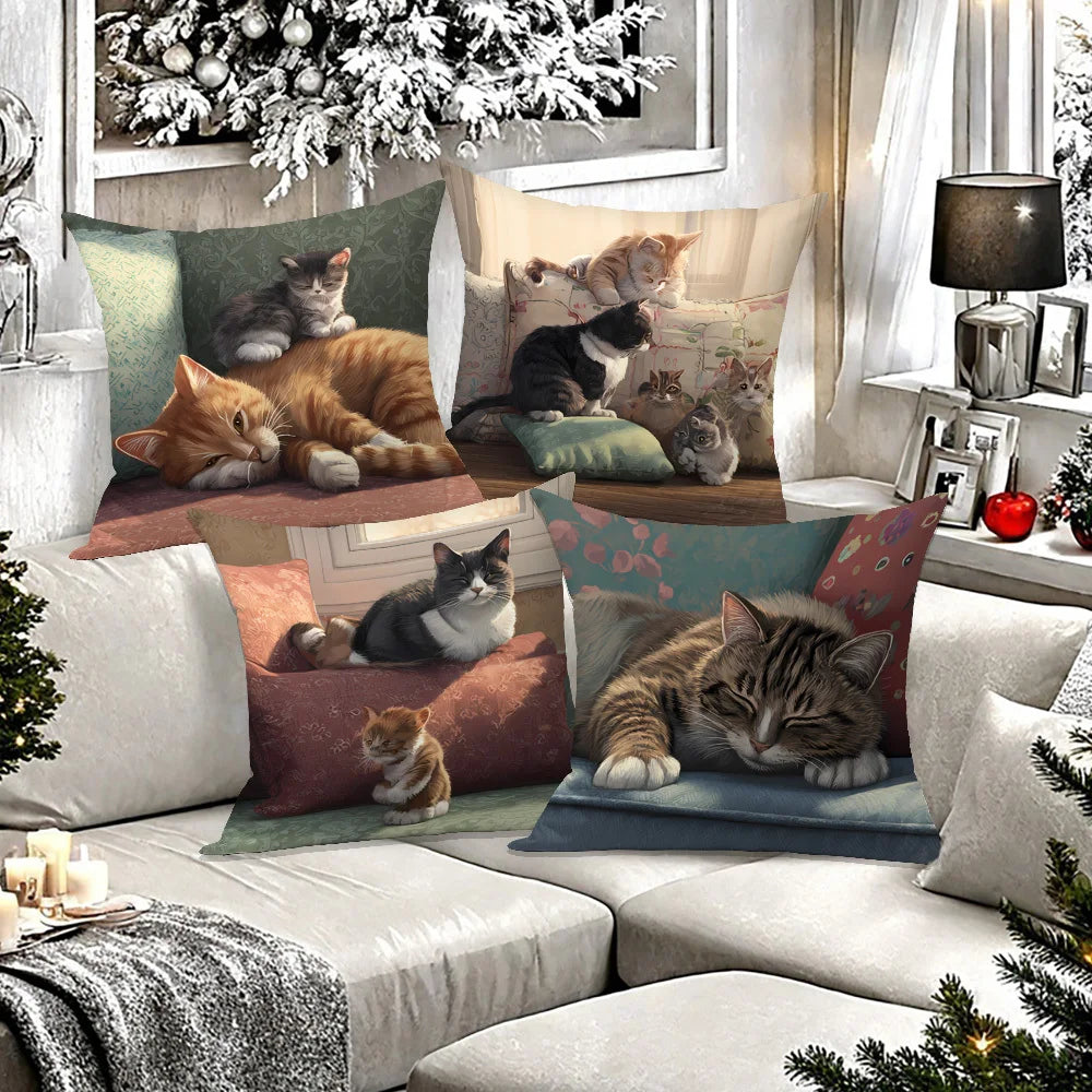 4 Pillow Covers Cute Cat Theme Decorative Cushion Covers Featuring Charming Cats In Cozy Home Settings Perfect For Your Living