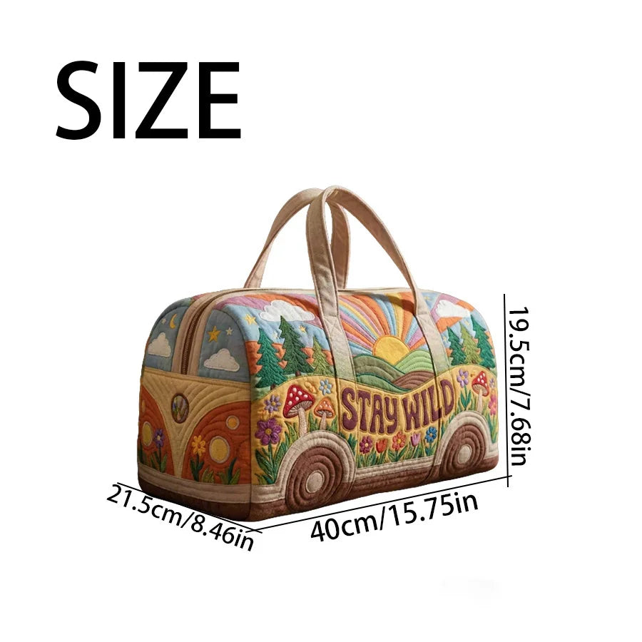 1pc Hippie Boho Quilted Duffle Bag, Vintage "STAY WILD" Van Travel Bag, Large Capacity Weekender Bag for Women Travel Gym