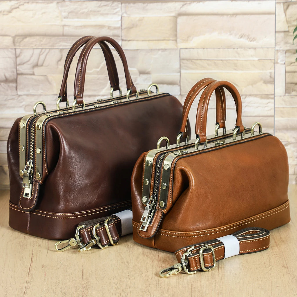 CONTACT'S Genuine Leather Shoulder Bags for Women Luxury Designer Doctor Bags Top Handle Bags Metal Frame Tote Handbags Ladies