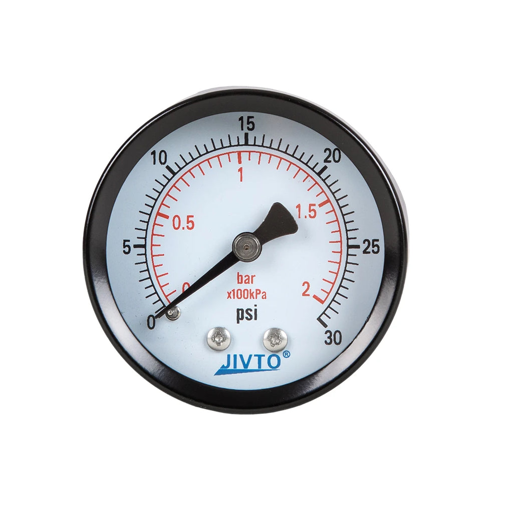 JIVTO Dry Pressure Gauge, Steel Case and Ring, 1-1/2" Dia,30, 60, 100 Psi & Bar, 1/8" NPT Back Mount, Glass Window