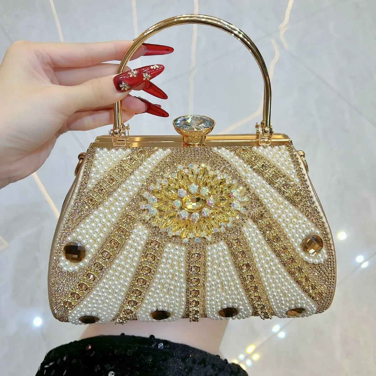 New Evening Bags Rhinestones Beading Party Cocktail Prom Clutch Bags Pearl Diamonds Glitter Elegant Small Bucket Box Handbag