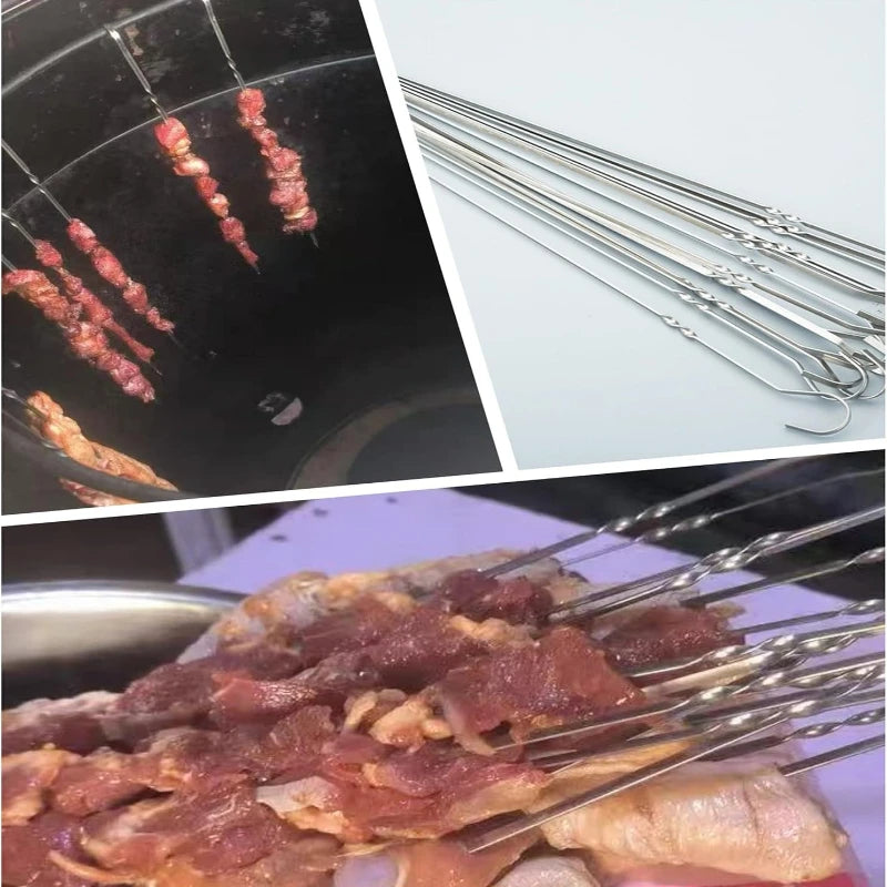 10Pcs Thickened Twisted Flat Stainless Steel BBQ Skewers Outdoor Camping Reusable Meat Stringing Grill Sticks Barbecue Tools