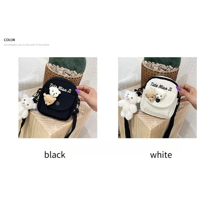 Solid Color Canvas Bag, Girls' Cartoon Teddy Bear Shoulder Bag, Students' Daily Crossbody Bag